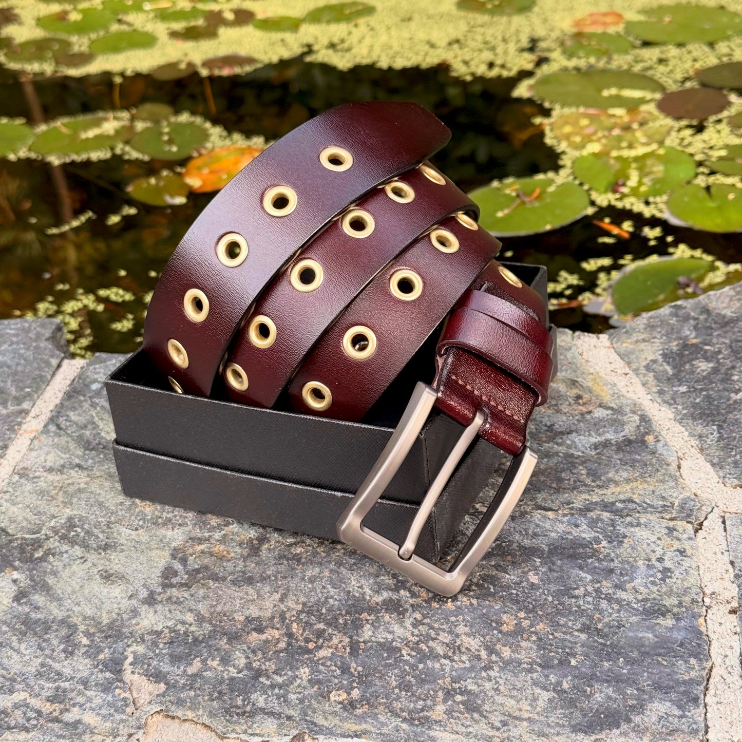 Artisan Handmade Brown Leather Belt With Gold Rivets - 100% Real Canadian Cow Leather