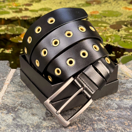 Artisan Handmade Black Leather Belt With Gold Rivets - 100% Real Canadian Cow Leather