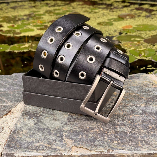 Artisan Handmade Black Leather Belt With Silver Rivets - 100% Real Canadian Cow Leather
