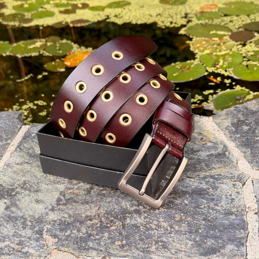 Artisan Handmade Brown Leather Belt With Gold Rivets - 100% Real Canadian Cow Leather