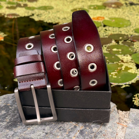 Artisan Handmade Brown Leather Belt With Silver Rivets - 100% Real Canadian Cow Leather